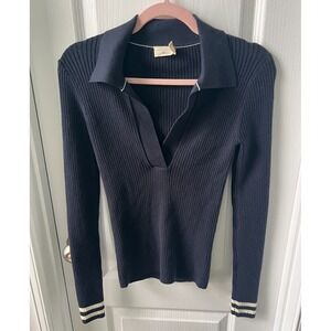 Faherty Shiloh Organic Cotton Cashmere Blend Navy Ribbed Polo Sweater Size S
